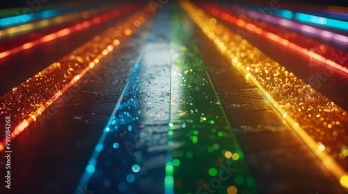   A tight shot of a vibrant row of lights on a table, surrounded by water droplets on the floor The lights' reflections dance on the surface photo