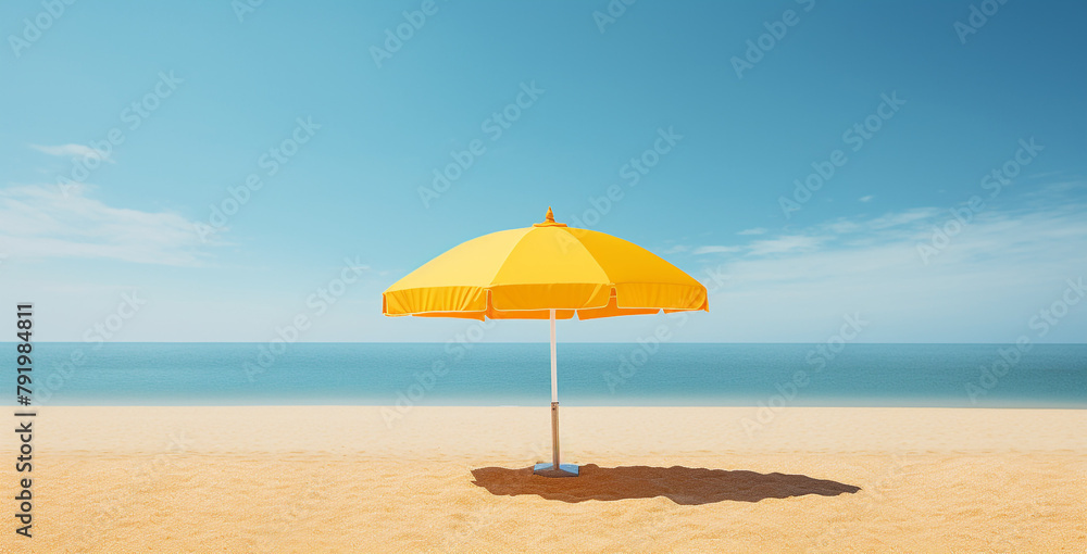 yellow umbrella beach, tan sand сreated with Generative Ai