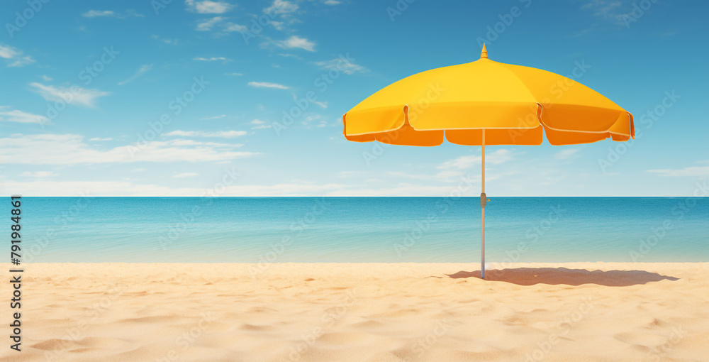 yellow umbrella beach, tan sand сreated with Generative Ai