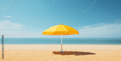 yellow umbrella beach, tan sand сreated with Generative Ai © Andrii Yablonskyi