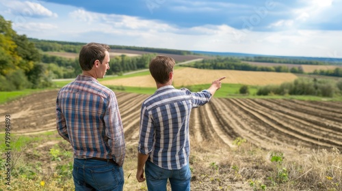 Two farmers chatting happily in the lush green grassland