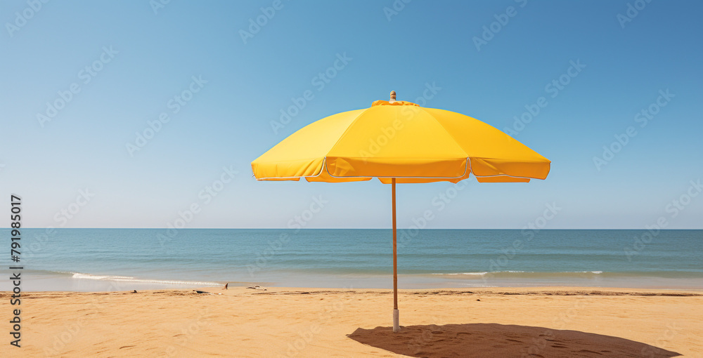 yellow umbrella beach, tan sand сreated with Generative Ai