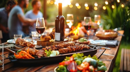 Summertime outdoor dinner party with grilled food, wine, and warm string lights setting a cozy mood photo