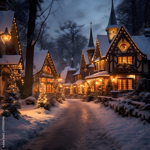 Winter night in the village. Christmas and New Year holidays in Europe.