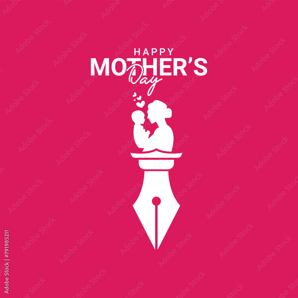 Obraz premium Mother's Day creative design for school college female teacher education study love and care with mom baby, Logo with pen happy mother and cute children heart love isolated, Vector illustration