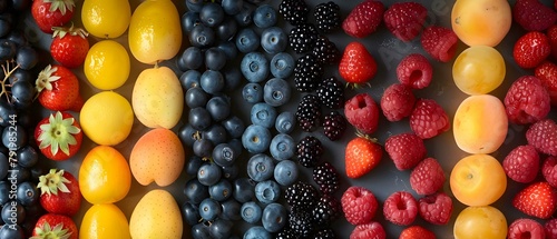 Assorted fruits and berries arranged in a grid pattern for background. Concept Fruit Photography, Berry Arrangement, Grid Pattern, Vibrant Background
