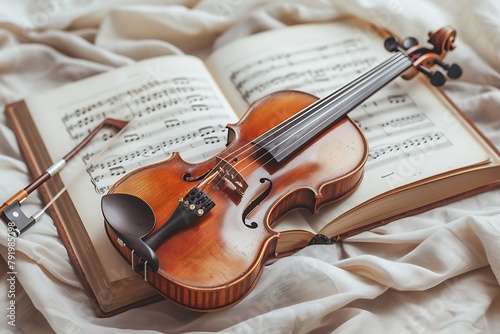 Classical music. Violin lying on top of book about Beethoven and sheets of music . photo