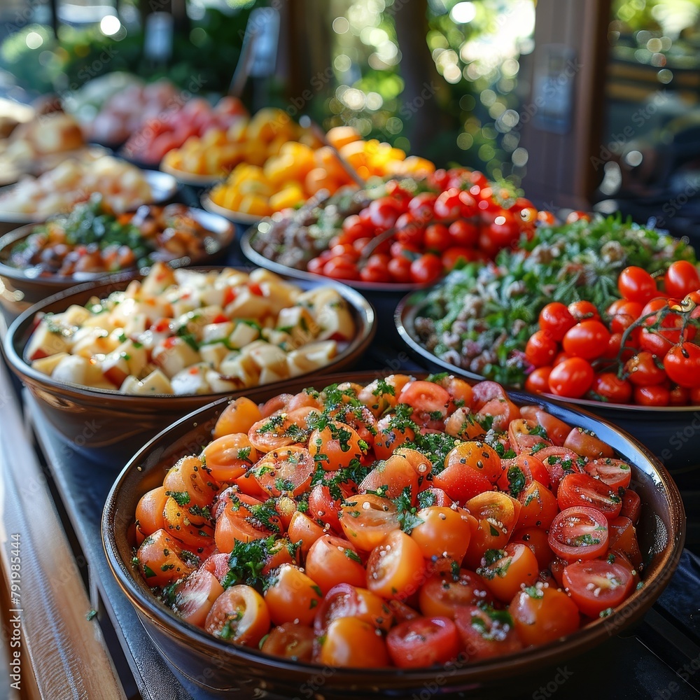 A collection of vibrant tomatoes and herbs presented on a rustic bowl A collection of vibrant tomatoes and herbs presented on a rustic bowl