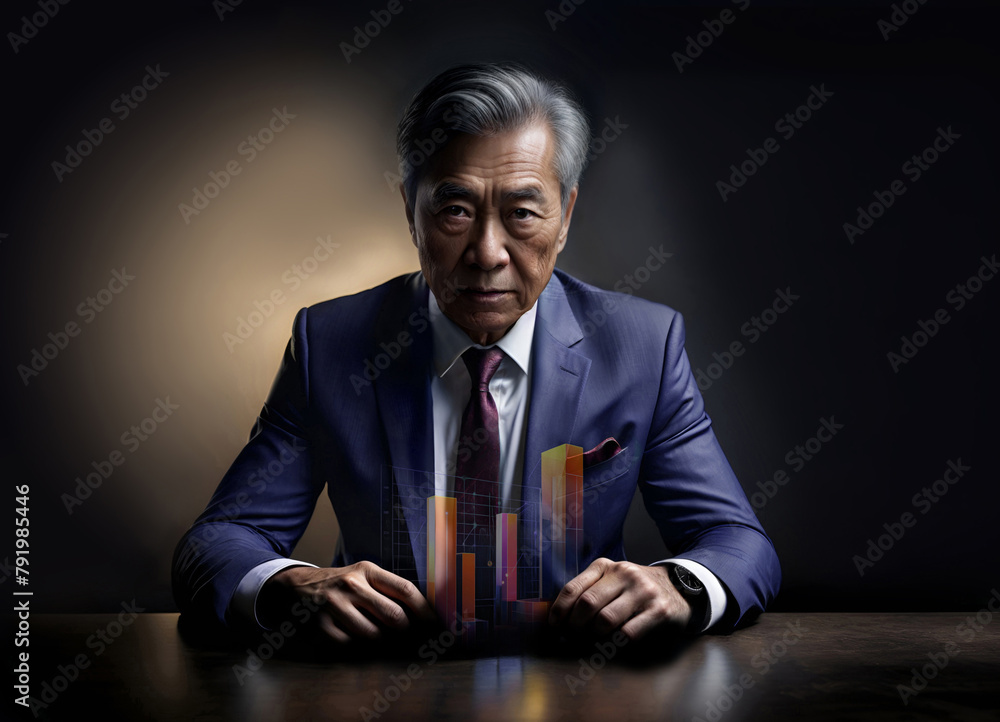 Asian businessman in suit sitting in front of financial charts. Visionary businessman mastering the future with financial charts Asian businessman in suit sitting in front of financial charts. Visionary businessman mastering the future with financial charts