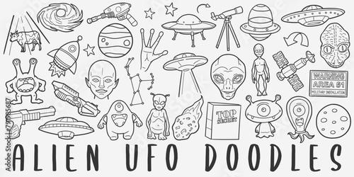 Extraterrestrial Doodle Icons Black and White Line Art. Alien Clipart Hand Drawn Symbol Design.