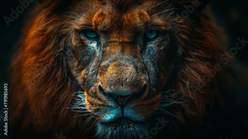   A tight shot of a lion s face illuminated by a blue light Background softly blurred