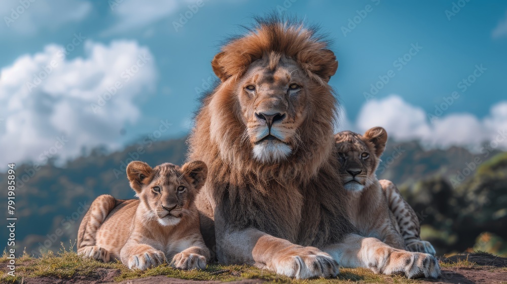   A large lion rests beside two smaller ones on a green field dotted with trees