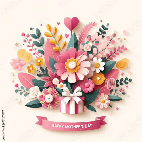 Happy mothers day card with colorful flowers on colorful modern geometric background. Vector illustration. Place for your text