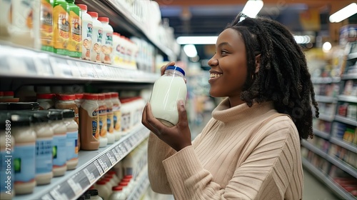 Customer with cornrows smiles while holding yellow milk bottle in retail store