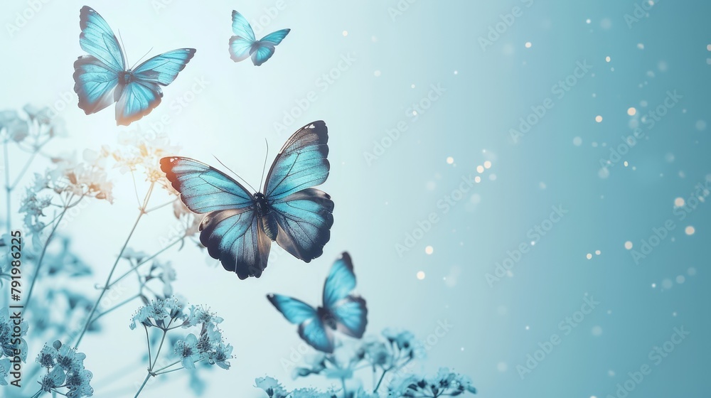 Fototapeta premium A group of blue butterflies flies above white-flowered plants against a backdrop of blue sky