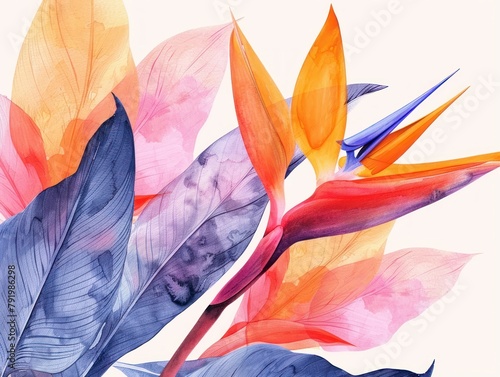 Strelitzia colorful flower watercolor isolated on white background