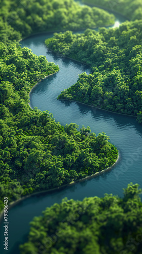 Aerial shot of a winding river through dense forests, realistic 3D illustration from a high-altitude perspective, highlighting natural beauty