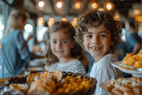 Delight in the joy as a happy kid and his sister have a wonderful time at a hotel buffet breakfast with their parents. Together, they create special memories amidst the delectable array of breakfast 