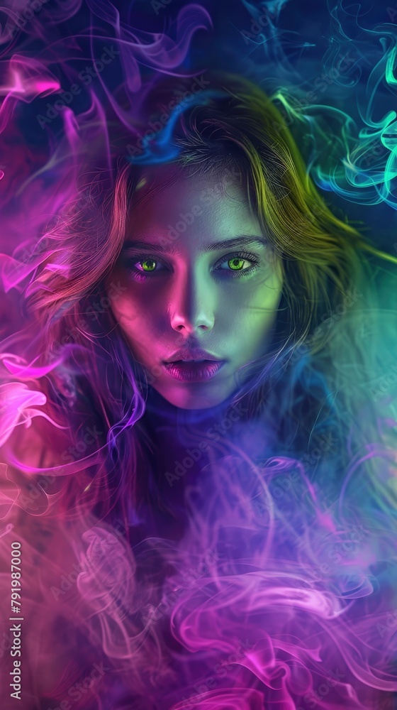 A beautiful girl with long hair, green eyes and purplepink color scheme. She is surrounded by colorful smoke, creating an atmosphere of mystery and magic.