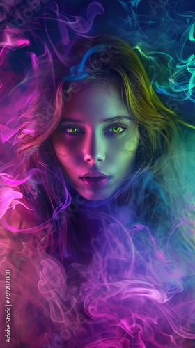 A beautiful girl with long hair, green eyes and purplepink color scheme. She is surrounded by colorful smoke, creating an atmosphere of mystery and magic.