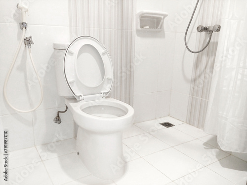 Photograph showcasing a spotless white toilet in a brightly lit restroom, exudes freshness and hygiene, perfect for showcasing modern facilities in commercial spaces, hotels, or residential interiors