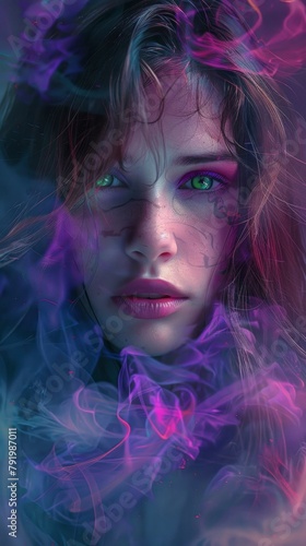 A beautiful girl with long hair  green eyes and purplepink color scheme. She is surrounded by colorful smoke  creating an atmosphere of mystery and magic