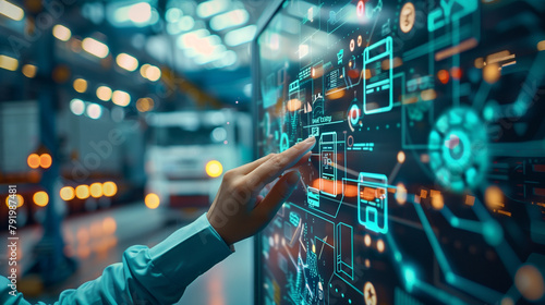 A logistics manager explaining the benefits of AI in supply chain management, using a 3D model of logistics networks on a projector. , natural light, soft shadows, with copy space photo