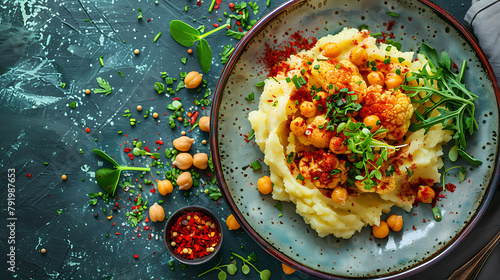 Top view of delicious roasted cauliflower with mashed potatoes and spiced harissa chickpeas served on ceramic plate on green table background, hyperrealistic food photography