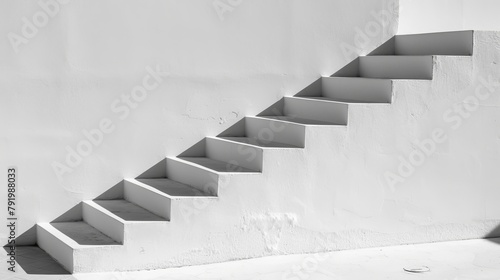   A monochrome image of staircase ascension, culminating at a building's peak White wall backdrop photo