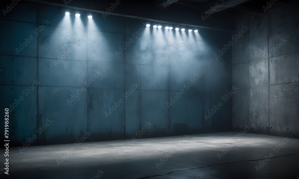 Dark and moody night scene with blue spotlight smoke and concrete textured walls