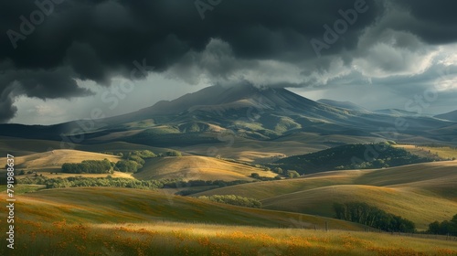  A scene featuring a field below a mountain backdrop, enshrouded in a cloudy sky with a looming dark cloud atop the peak