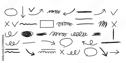 Chalk scribble arrow Hand drawn doodle design elements. Arrows crown, heart, star, speech bubble. Vector illustration