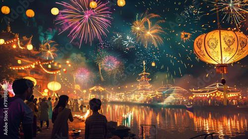 A vibrant Diwali celebration with people lighting up colorful lanterns and fireworks.