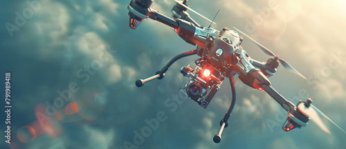 Close-up of a quadcopter in flight, detailed 3D illustration showing the complexity of its design and the whir of its propellers