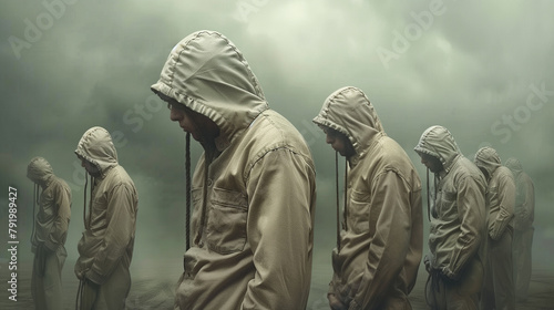 identically dressed people wearing beige hoods, standing with their eyes downcast against a gray overcast sky. an atmosphere of uniformity, introspection and general melancholy.