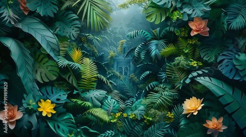 Papercraft art stock image of a paper jungle with a hidden temple, exotic animals and lush foliage, adventurous and mysterious mood