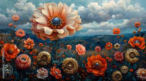 Cybernetic Blooms: Oil Painting Depicts Garden Alive with Intricate Mechanical Flowers