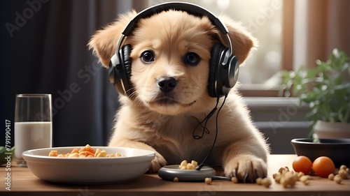 A photorealistic image of an adorable puppy wearing headphones, sitting on a table next to a bowl of food. The puppy looks curious and hungry, with detailed fur texture and realistic headphone design.