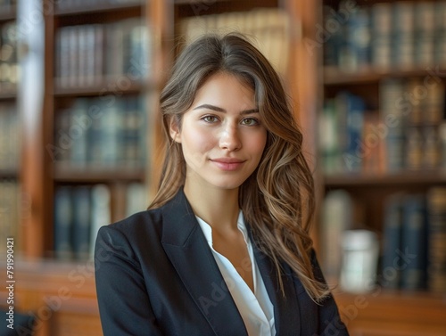 Confident female lawyer portrait, elegant suit, lightfilled office, bookshelf in the background, professional and sharp photo