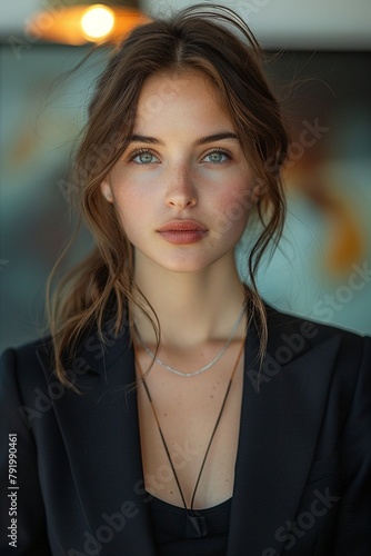 Corporate portrait of a female executive, sophisticated style, minimalistic jewelry, blurred office background