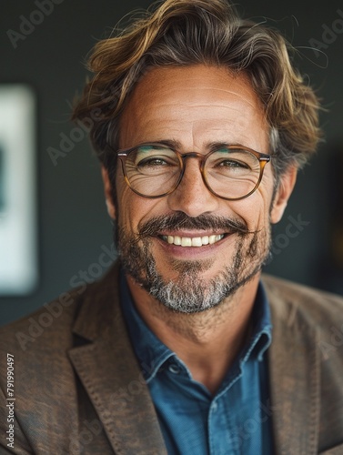 Financial advisor with a trusting smile, clean office setting, modern eyewear, subtle branding, stock portrait photo photo