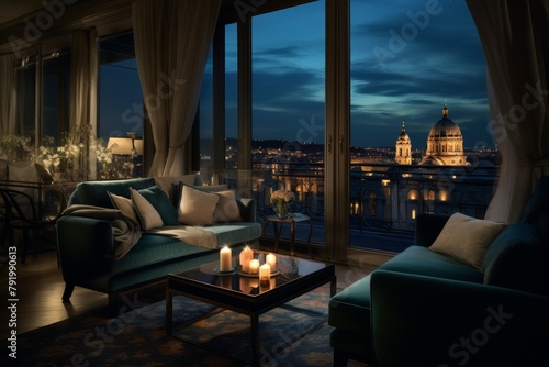 A Luxurious Classic Hotel Suite with Antique Furniture, Rich Textiles, and a Panoramic City View at Dusk photo
