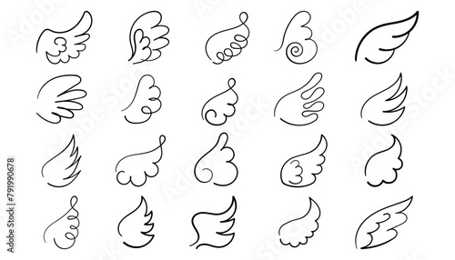 Angel wings doodle hand drawn sketch icons. Angels and bird symbols. Wing sketch tattoo, feather falcon contour. Vector  illustration isolated on white background