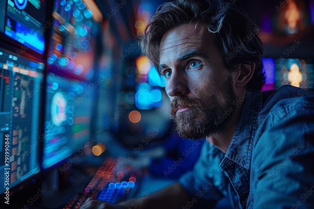 A pensive man with a beard studying multiple screens in a neon-lit high-tech workspace filled with digital data A pensive man with a beard studying multiple screens in a neon-lit high-tech workspace filled with digital data