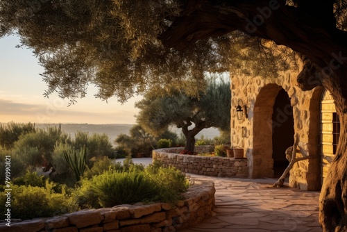 A Tranquil Afternoon at a Traditional Hillside Olive Grove Estate Overlooking the Mediterranean Sea with a Rustic Stone Villa