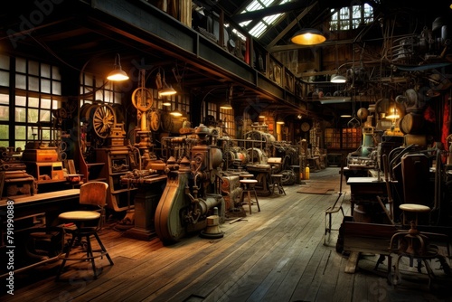 A Vintage Toy Factory at Twilight, With Rustic Machinery and Antique Toys Scattered Across the Wooden Floor © aicandy