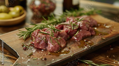 Meat and olives on cutting board