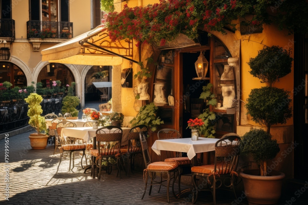 A charming Italian pizzeria with outdoor seating on a sunny day, surrounded by lush greenery and vintage cobblestone streets