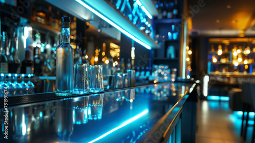 Bartender counter with bottles and glasses in night club  closeup. AI.