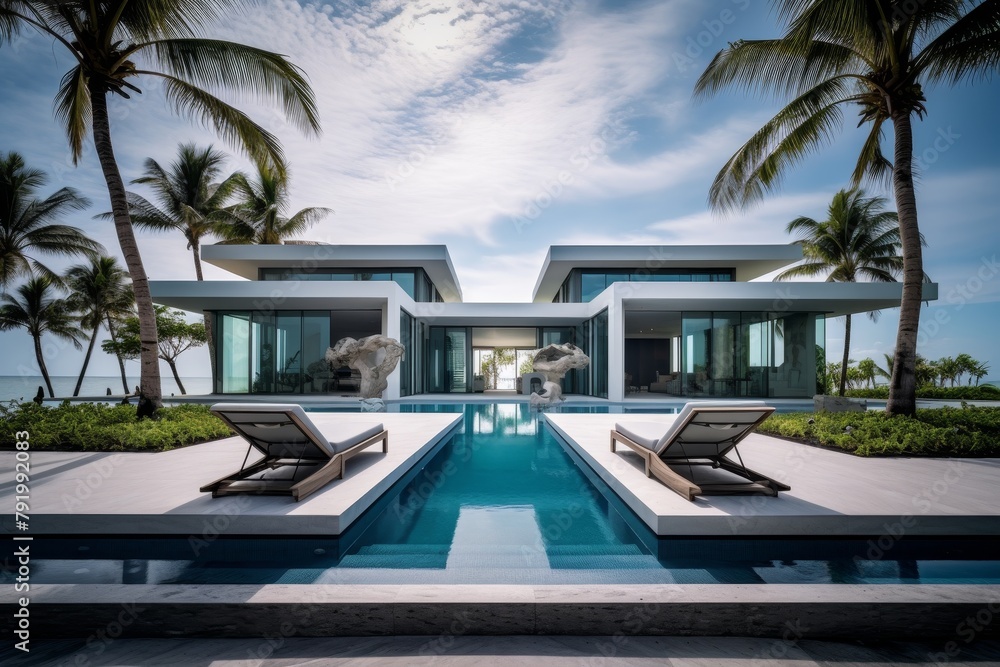 Luxurious Modern Beachfront Villa with Panoramic Views of the Ocean, Surrounded by Palm Trees and a Beautifully Landscaped Garden Luxurious Modern Beachfront Villa with Panoramic Views of the Ocean, Surrounded by Palm Trees and a Beautifully Landscaped Garden